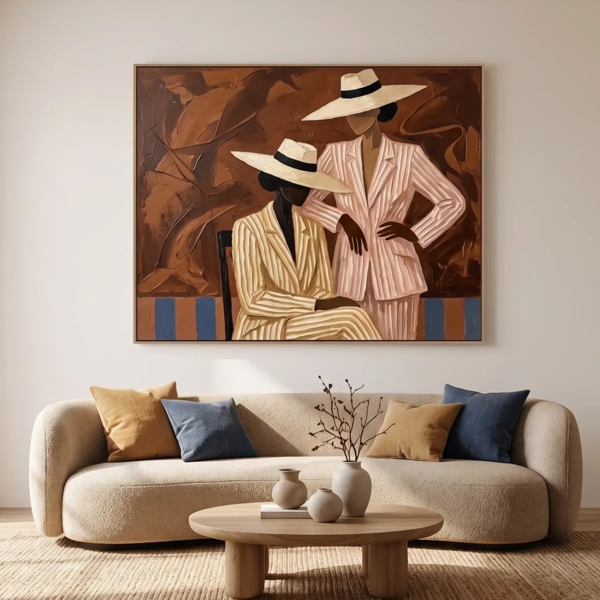 twin-hat-portrait-transitional-art-brown-wall-art-in-a-gallery-display