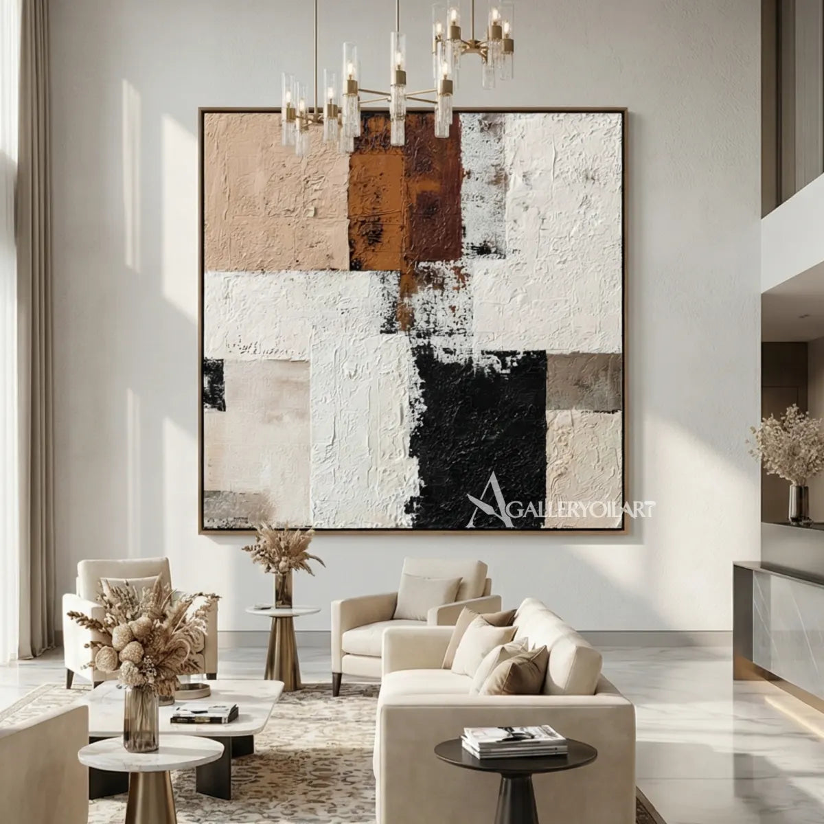layered-abstract-geometric-painting-in-black-beige-and-ivory-above-a-modern-console