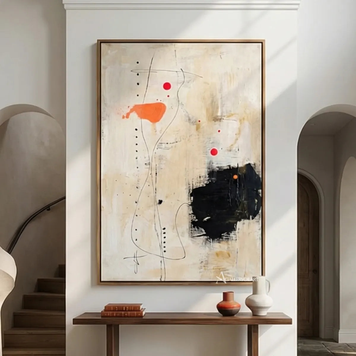 abstract-layered-abstract-marks-cream-soft-gray-charcoal-black-and-vivid-orange-wall-art-in-console-wall