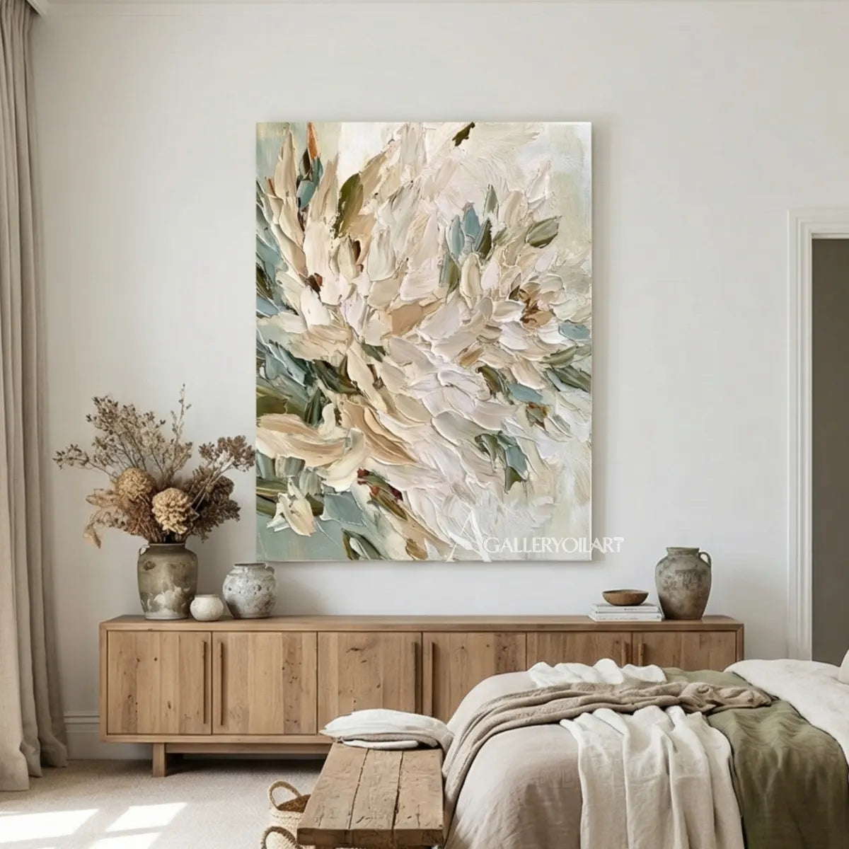 floral-tree-layered-abstract-petals-ivory-sage-green-muted-teal-beige-and-soft-charcoal-wall-art-in-bedroom-side