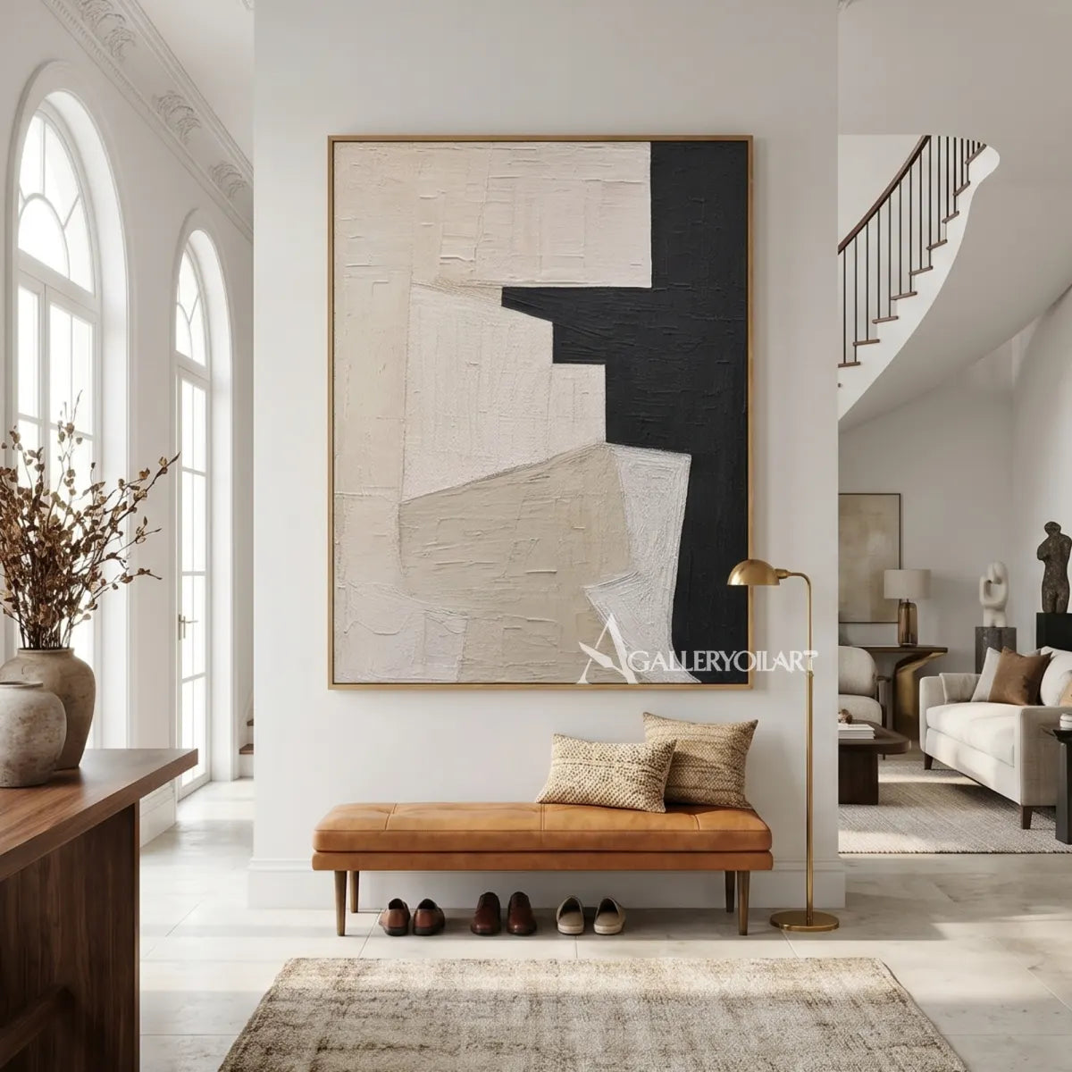 textured-neutral-and-black-geometric-abstract-painting-in-a-modern-interior
