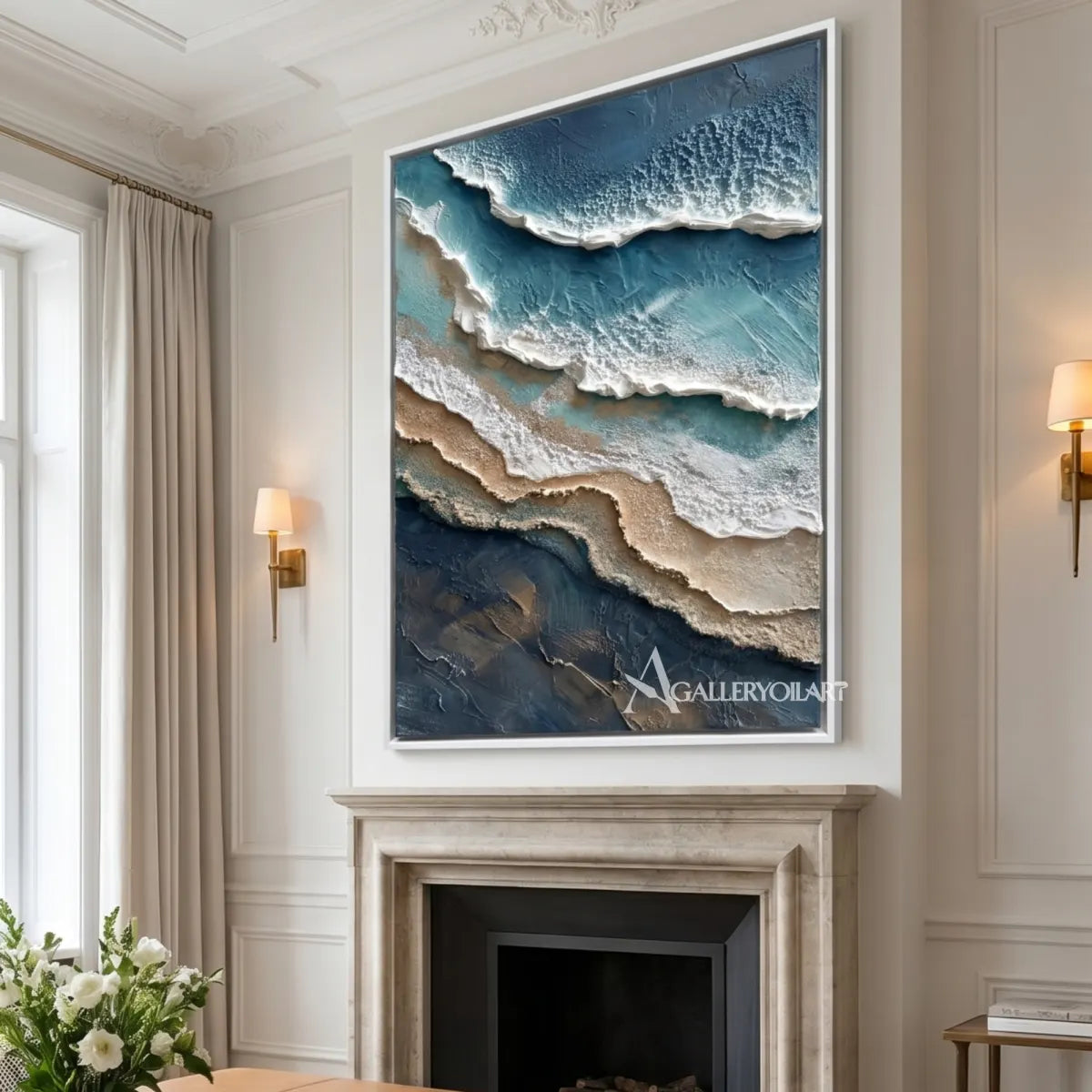 Aerial-ocean-shore-sea-beach-blue-and-white-wall-art-above-a-sofa