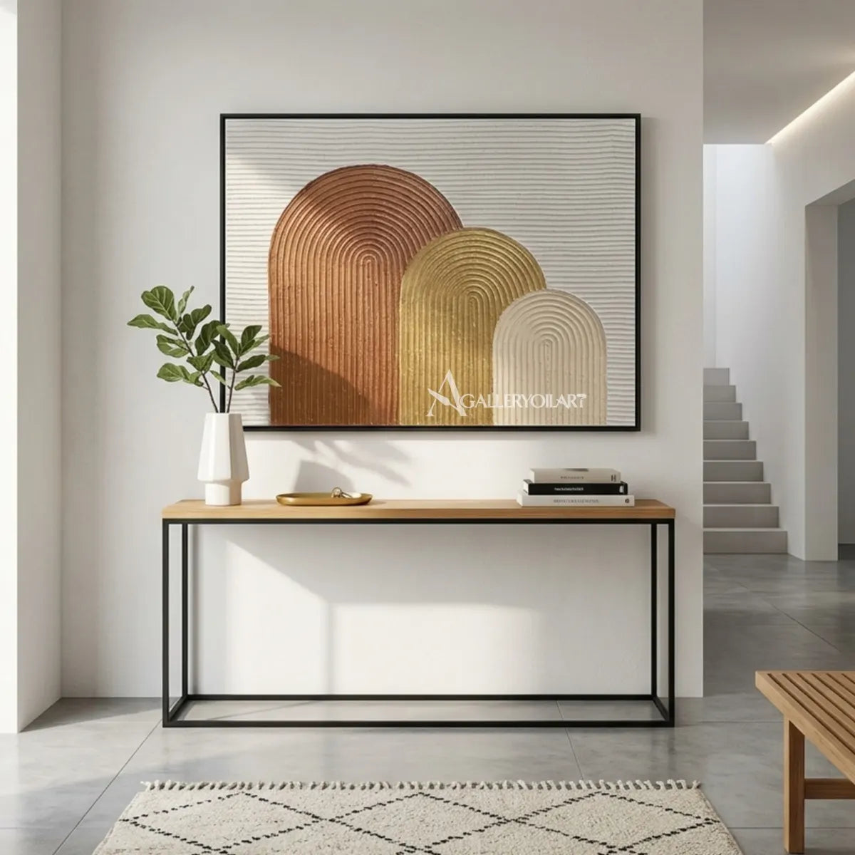 Textured-arched-forms-brown-wall-art-in-a-modern-entryway