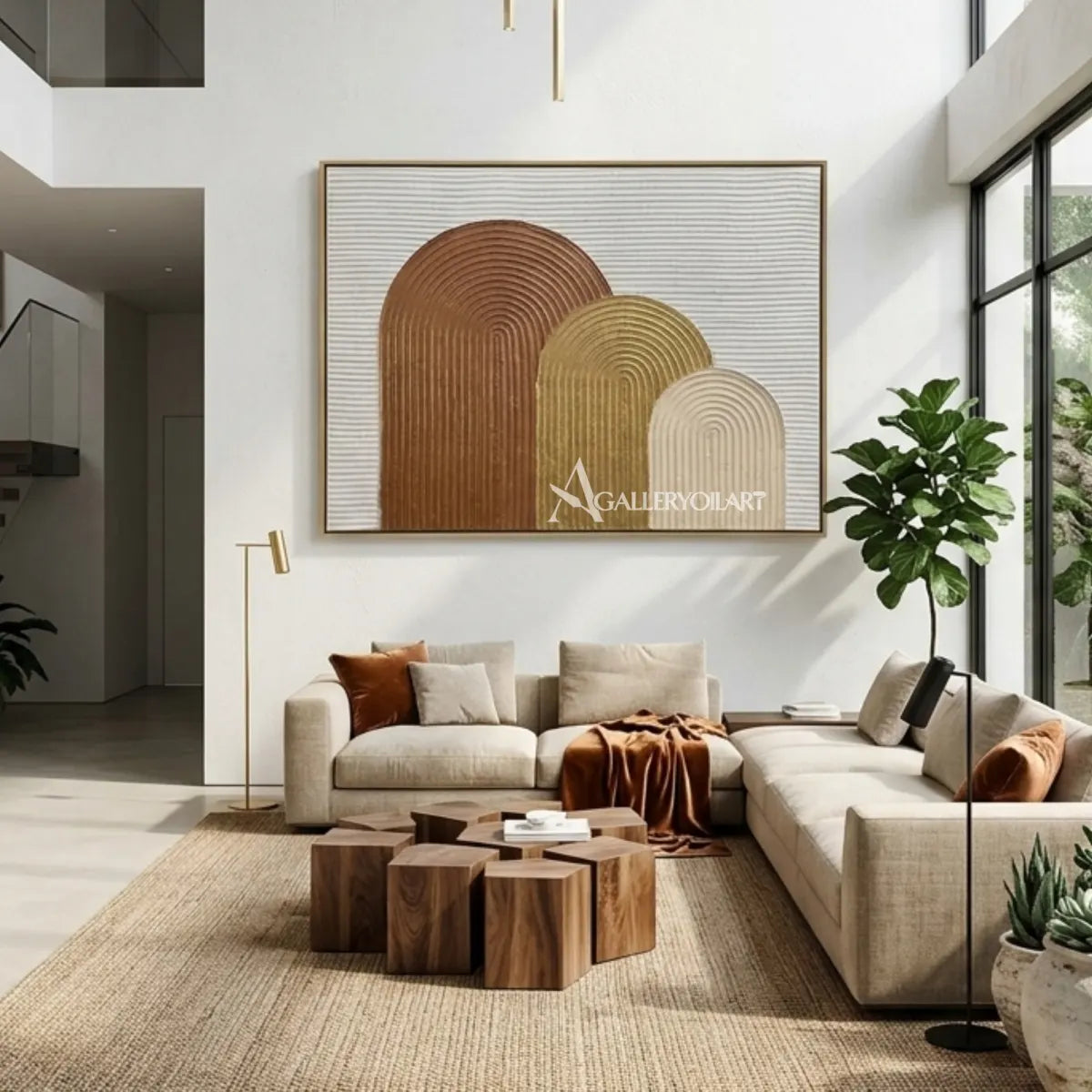 Textured-arched-forms-brown-wall-art-in-a-contemporary-living-room