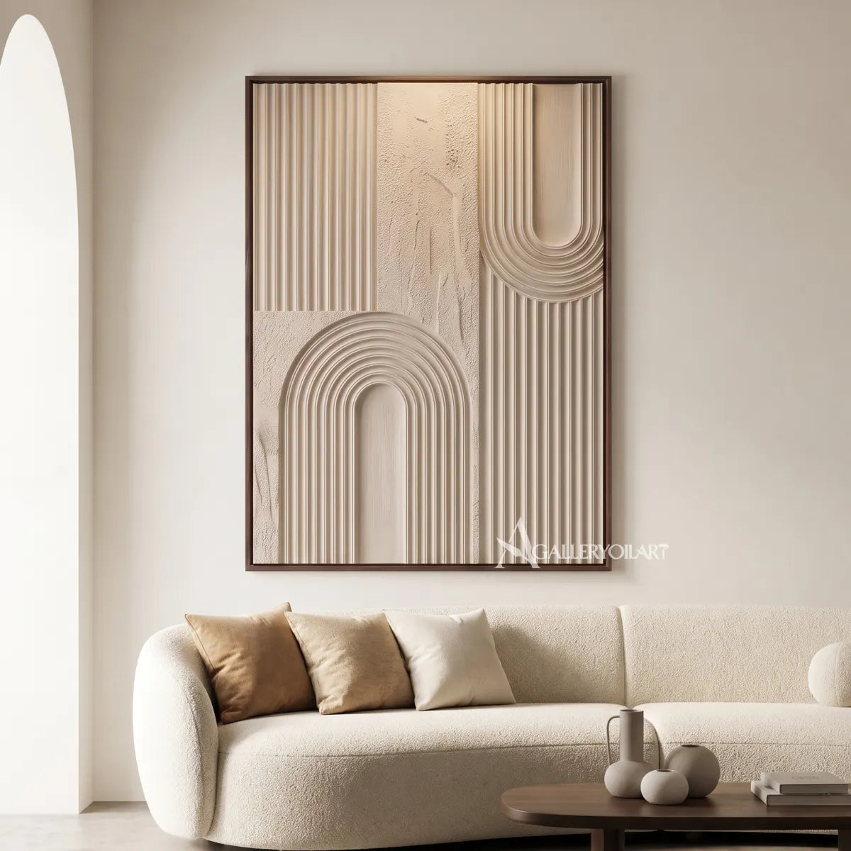Textured 3D layered arches in beige and warm neutral relief-in-minimalist-living-room