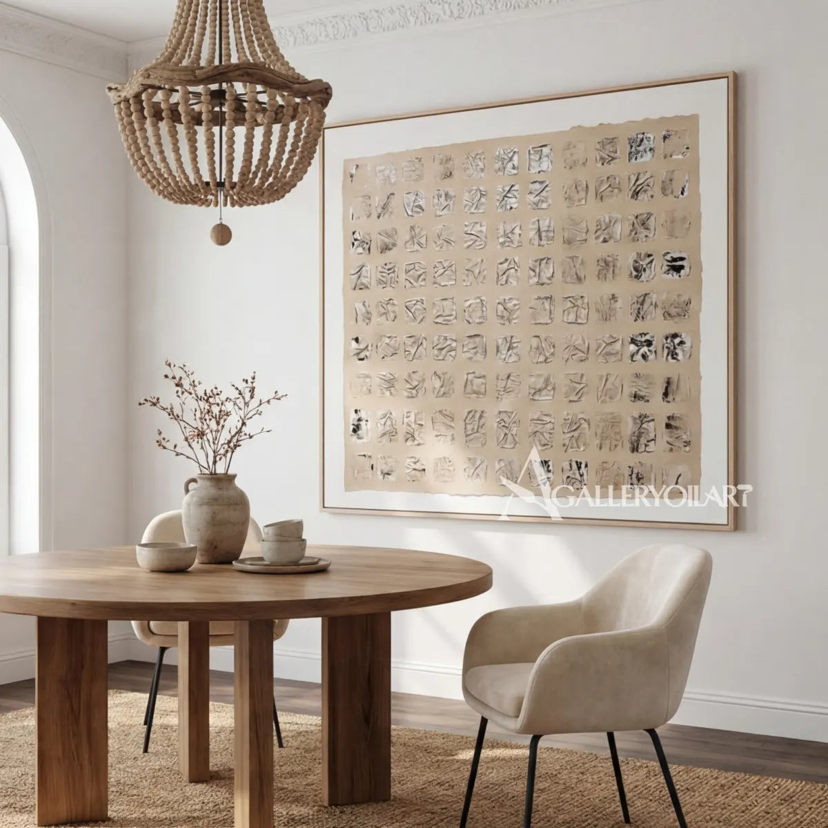 abstract-art-repeating-beige-marks-above-a-dining-area