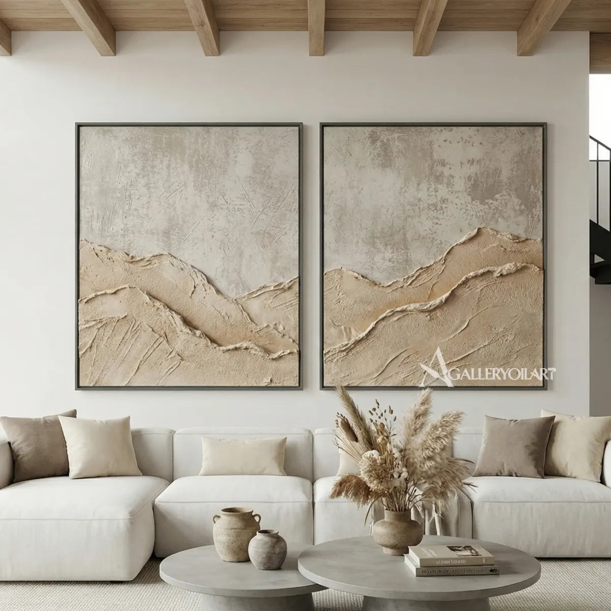 sea-beach-art-beige-textured-diptych-above-a-sofa