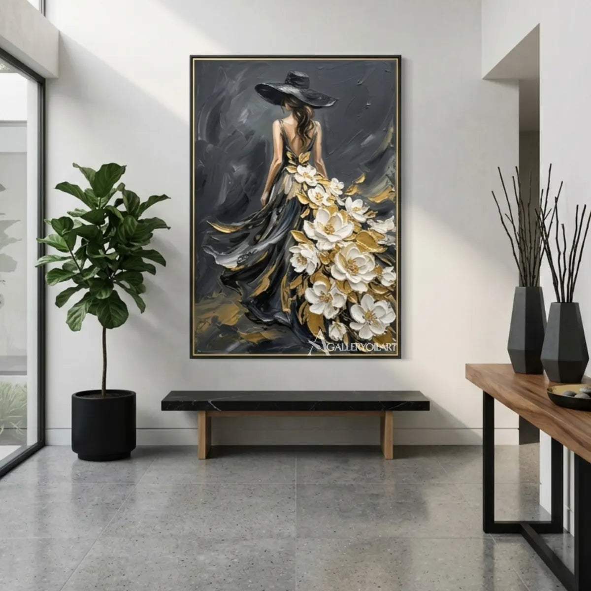 Woman-in-flowing-black-gown-with-white-floral-accents-portrait-art-in-a-bright-gallery-interior