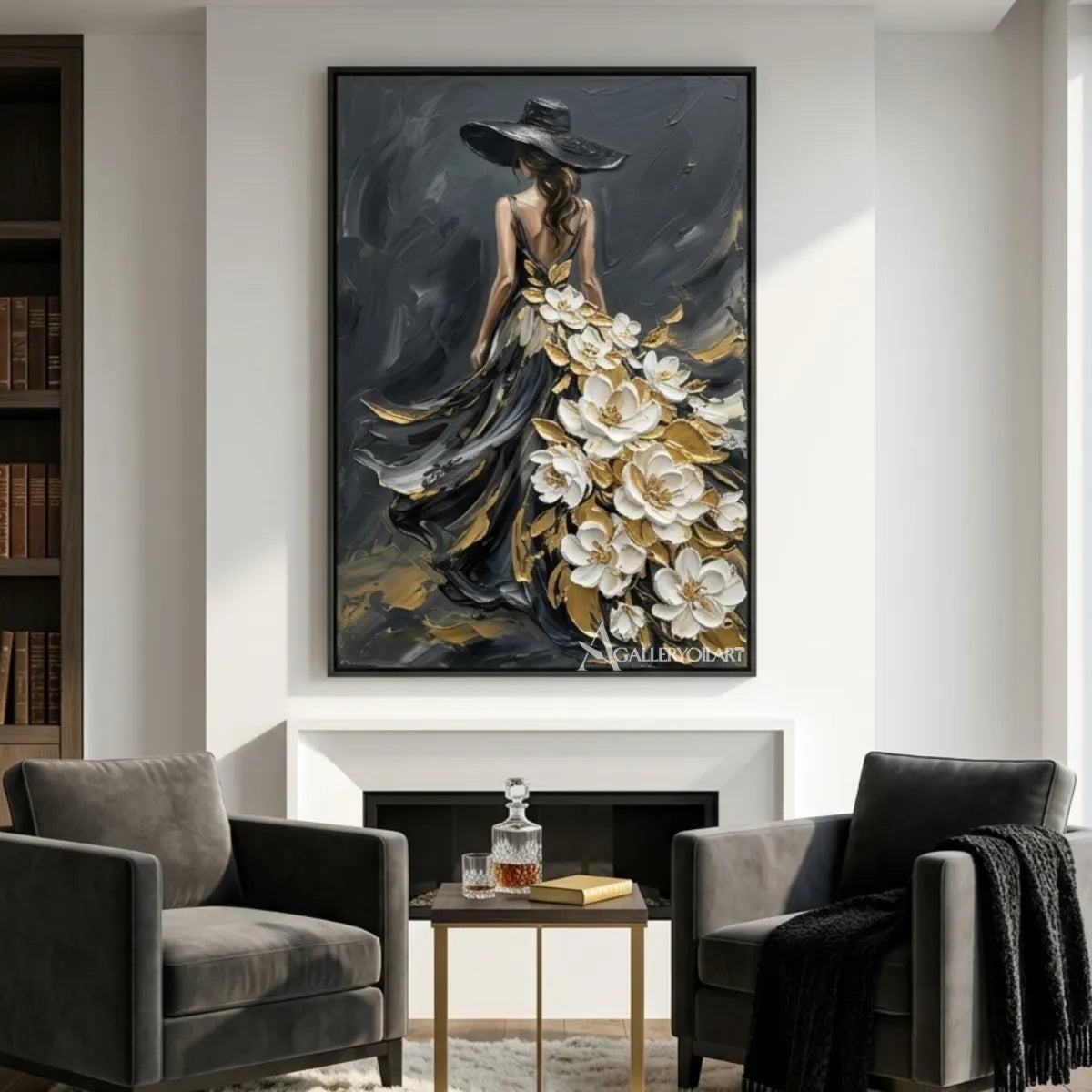 Woman-in-flowing-black-gown-with-white-floral-accents-portrait-art-in-a-private-reading-lounge