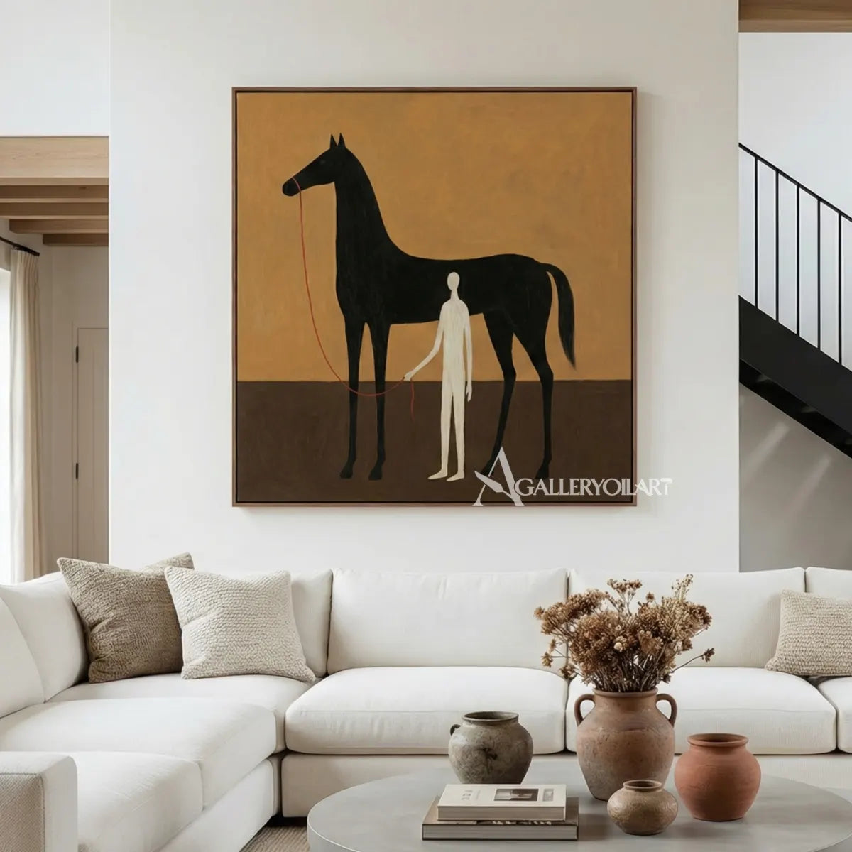 a-black-horse-stands-beside-a-slender-white-figure-against-a-warm-ochre-field in a calm lounge