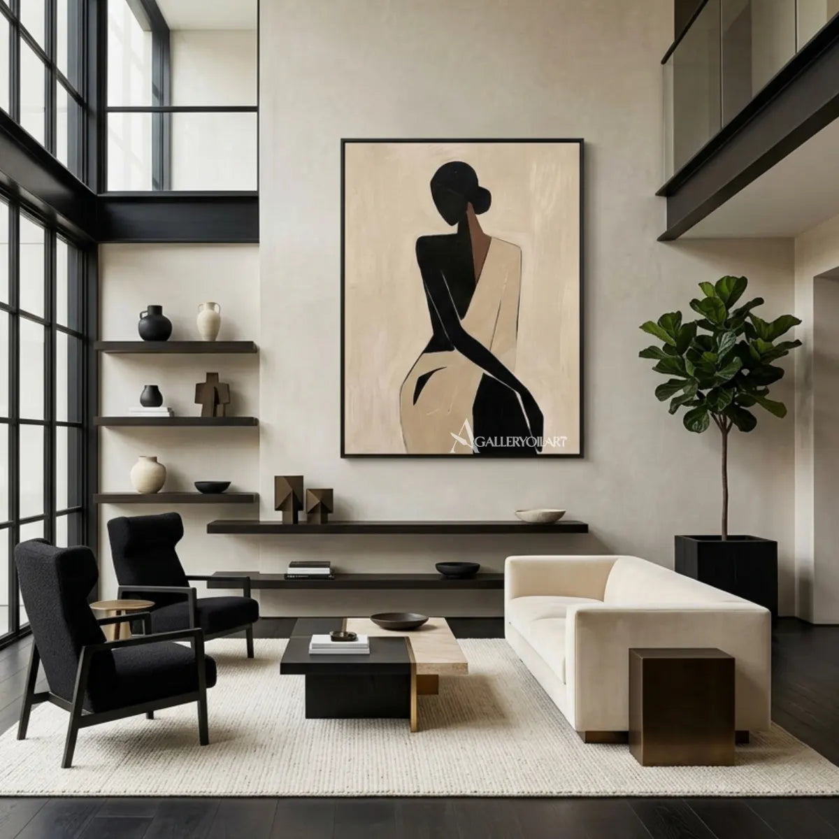 Black-silhouette-of-woman-in-flowing-dress-portrait-art-in-a-contemporary-office-interior