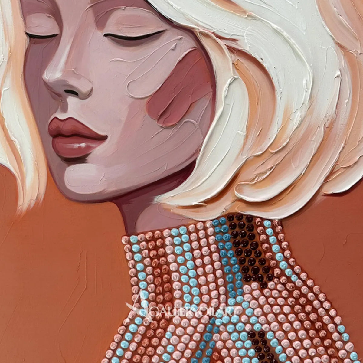 Close-up-portrait-art-of-a-blonde-woman-with-closed-eyes-and-a-colorful-textured-collar-against-coral