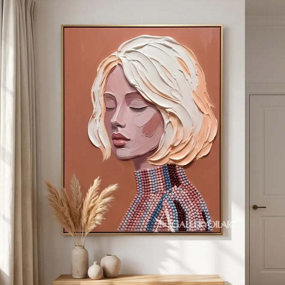 Portrait-art-painting-of-a-blonde-woman-in-profile-against-coral-pink-with-a-beaded-collar-near-a-staircase