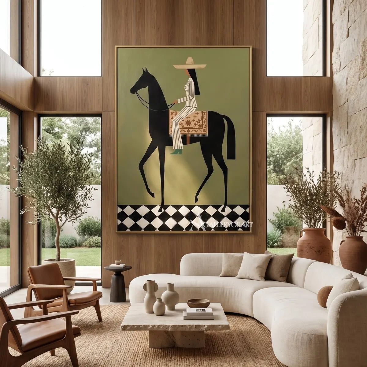 horse-and-blossom-crowned-rider-western-cowboy-art-green-and-pink-wall-art-in-a-bright-living-room