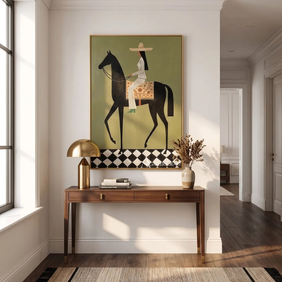 horse-and-blossom-crowned-rider-western-cowboy-art-green-and-pink-wall-art-beside-a-reading-chair