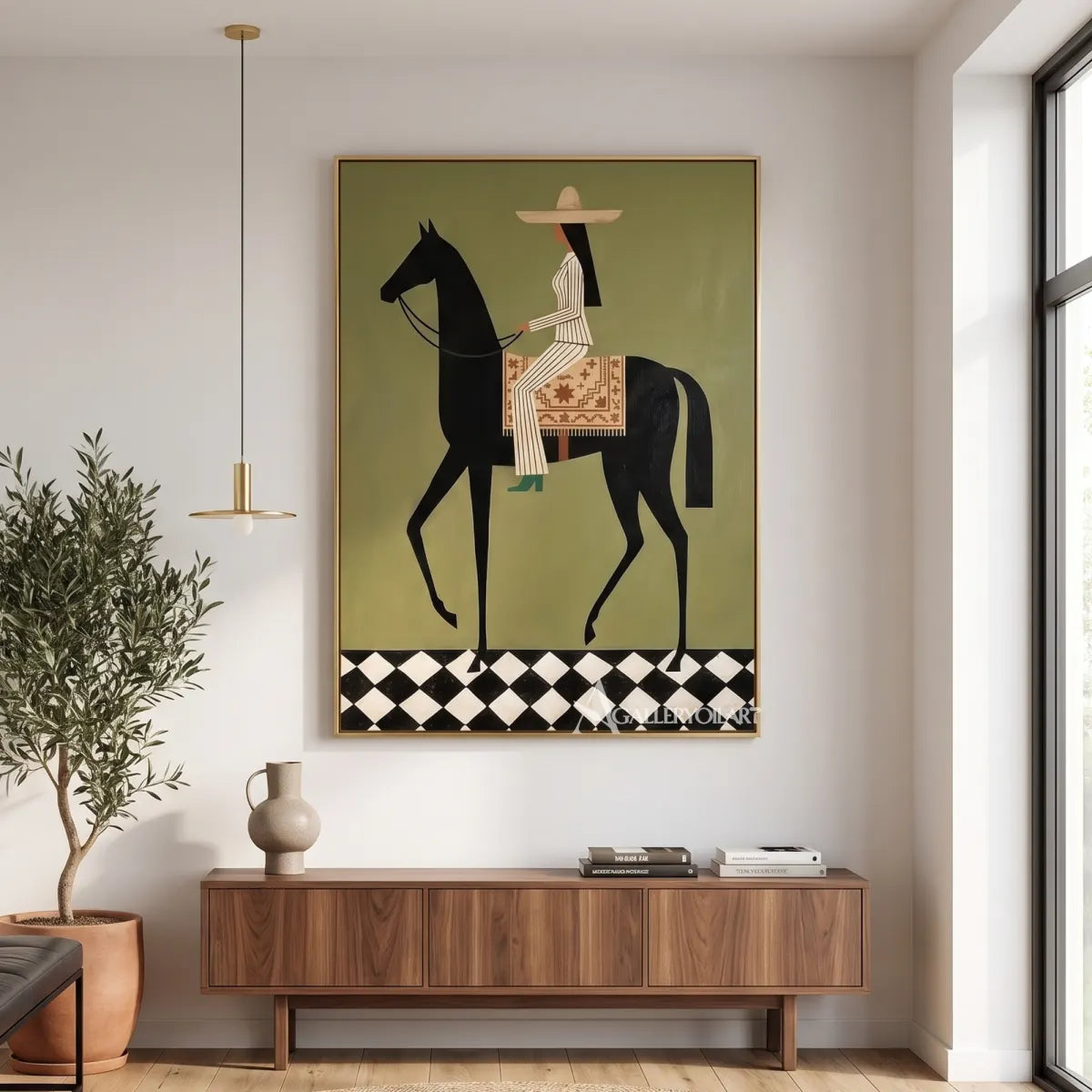 horse-and-blossom-crowned-rider-western-cowboy-art-green-and-pink-wall-art-above-a-sofa