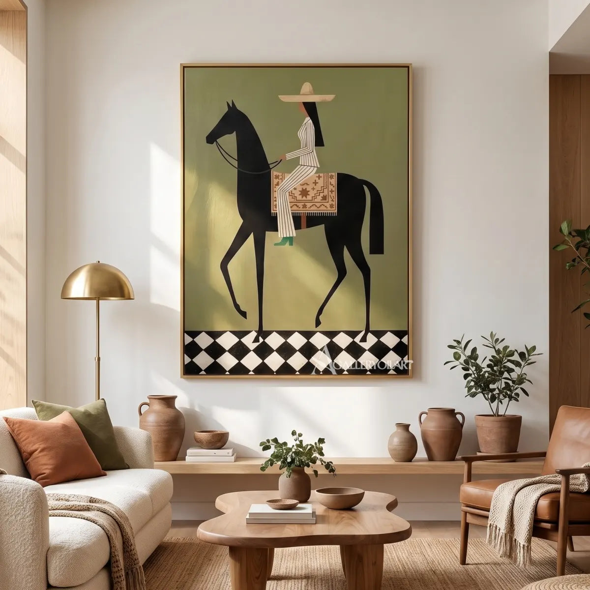 horse-and-blossom-crowned-rider-western-cowboy-art-green-and-pink-wall-art-in-a-windowed-room