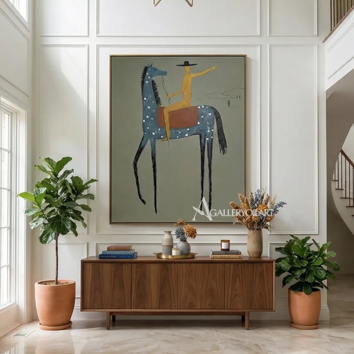 a-blue-spotted-horse-carries-a-golden-rider-against-a-muted-sage-ground above a console