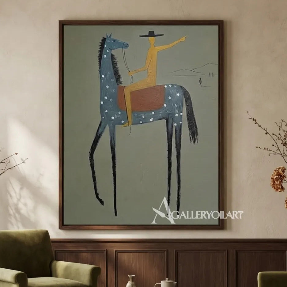 a-blue-spotted-horse-carries-a-golden-rider-against-a-muted-sage-ground above a fireplace