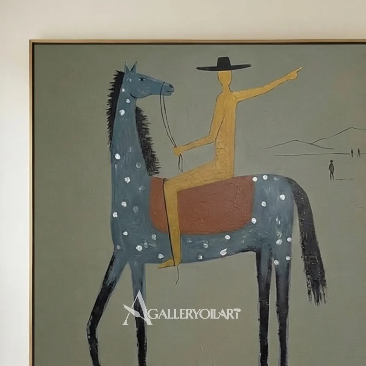 a-blue-spotted-horse-carries-a-golden-rider-against-a-muted-sage-ground in a bright entryway