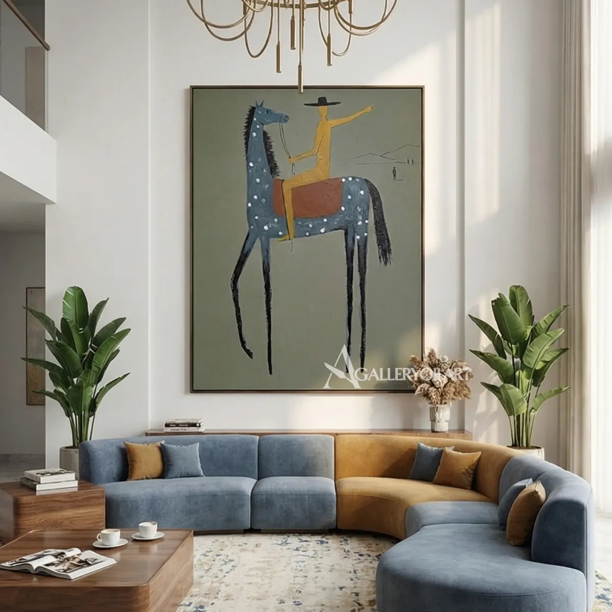 a-blue-spotted-horse-carries-a-golden-rider-against-a-muted-sage-ground in a reading nook