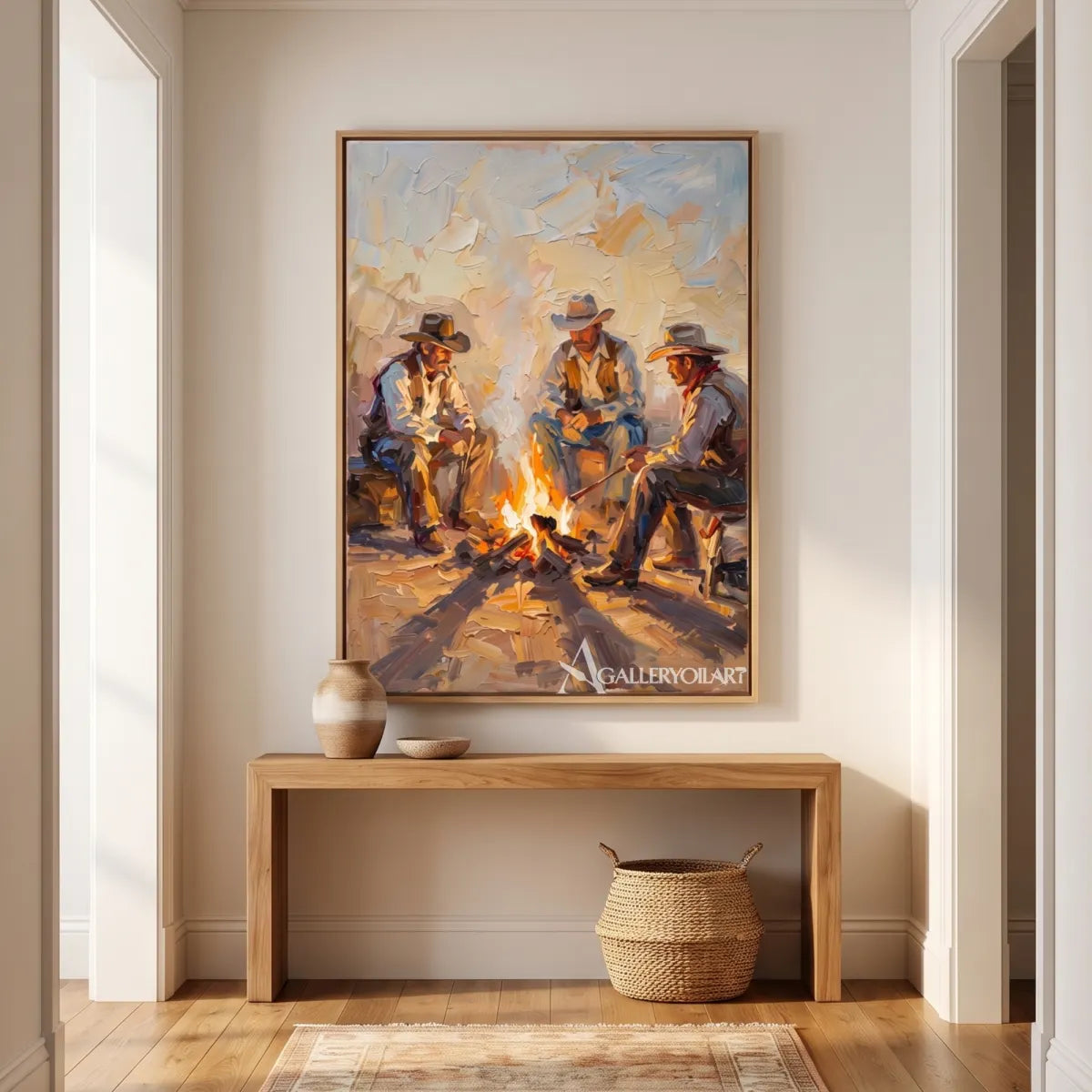 three cowboys gathered around a bright campfire-in-western-cowboy-brown-entryway