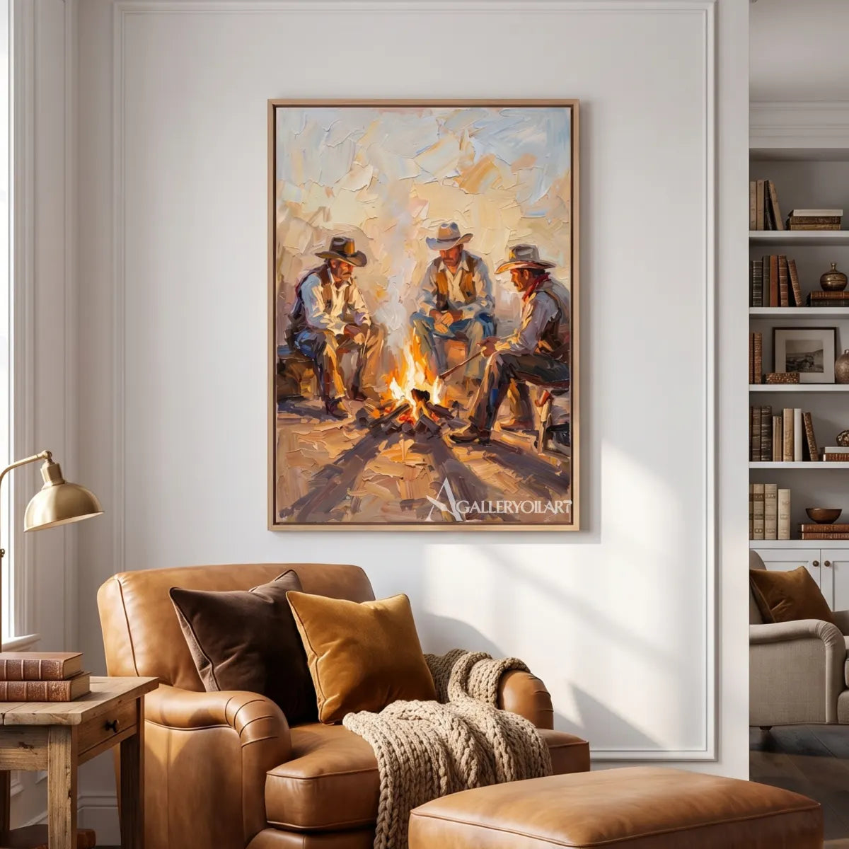 three cowboys gathered around a bright campfire-in-western-cowboy-brown-lounge