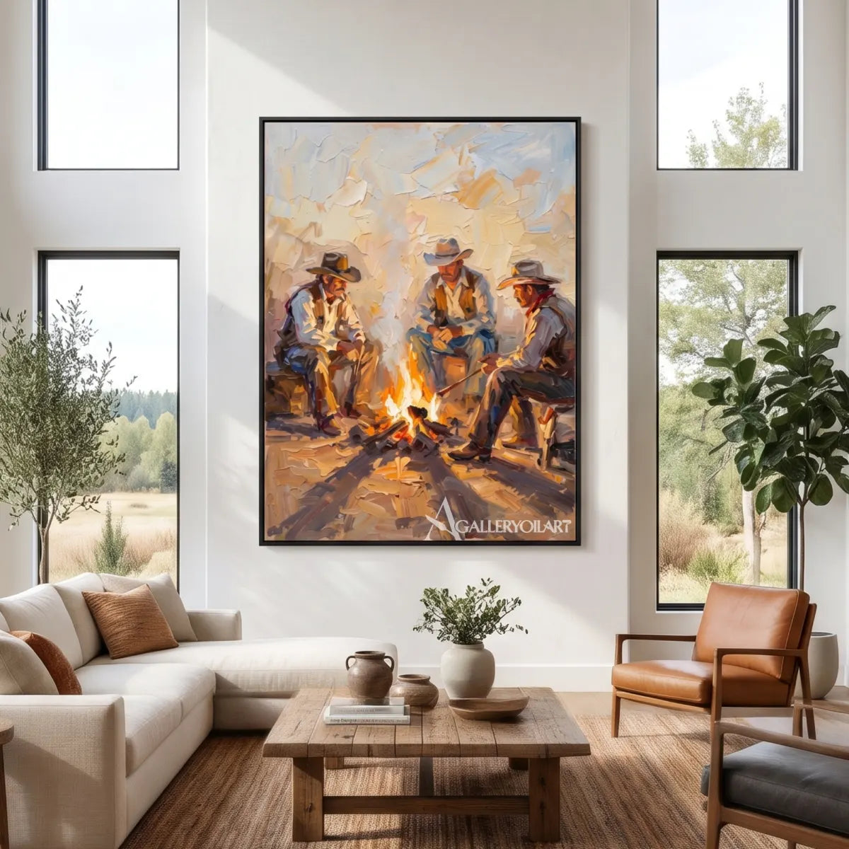 three cowboys gathered around a bright campfire-in-western-cowboy-brown-window-room