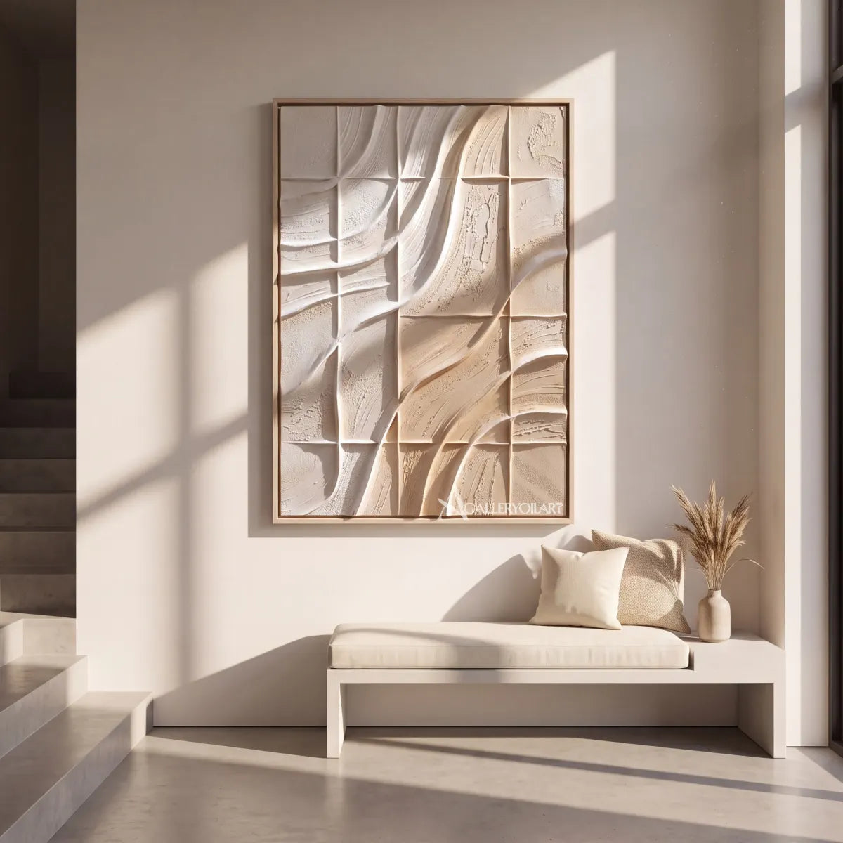 Textured-3D-carved-grid-rhythm-in-beige-relief-on-a-gallery-wall