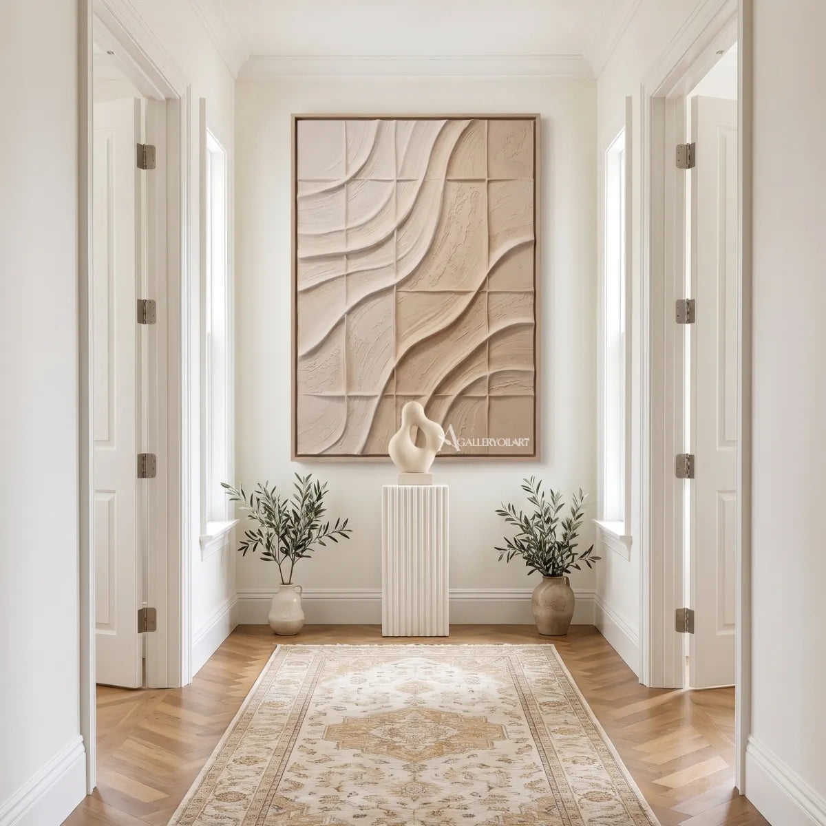 Textured-3D-carved-grid-rhythm-in-beige-relief-in-a-hallway
