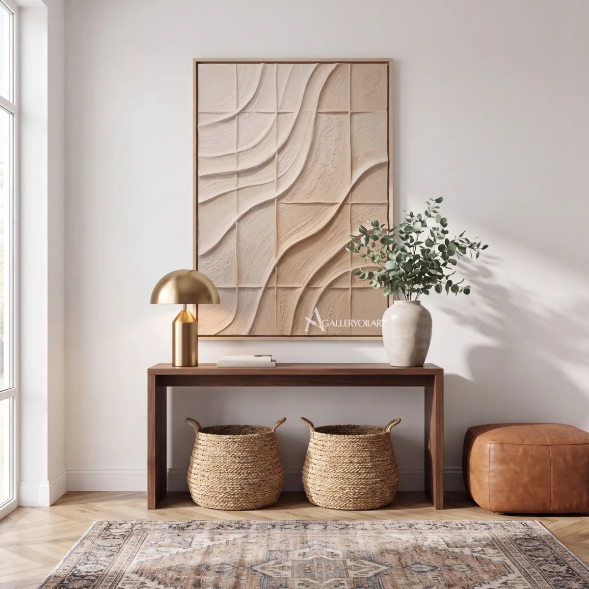 Textured-3D-carved-grid-rhythm-in-beige-relief-in-a-modern-entryway