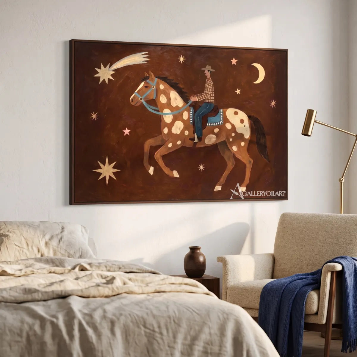 Western-cowboy-art-of-a-rider-on-a-patterned-horse-under-stars-and-a-crescent-moon-against-a-dark-brown-sky-displayed-above-a-bedroom