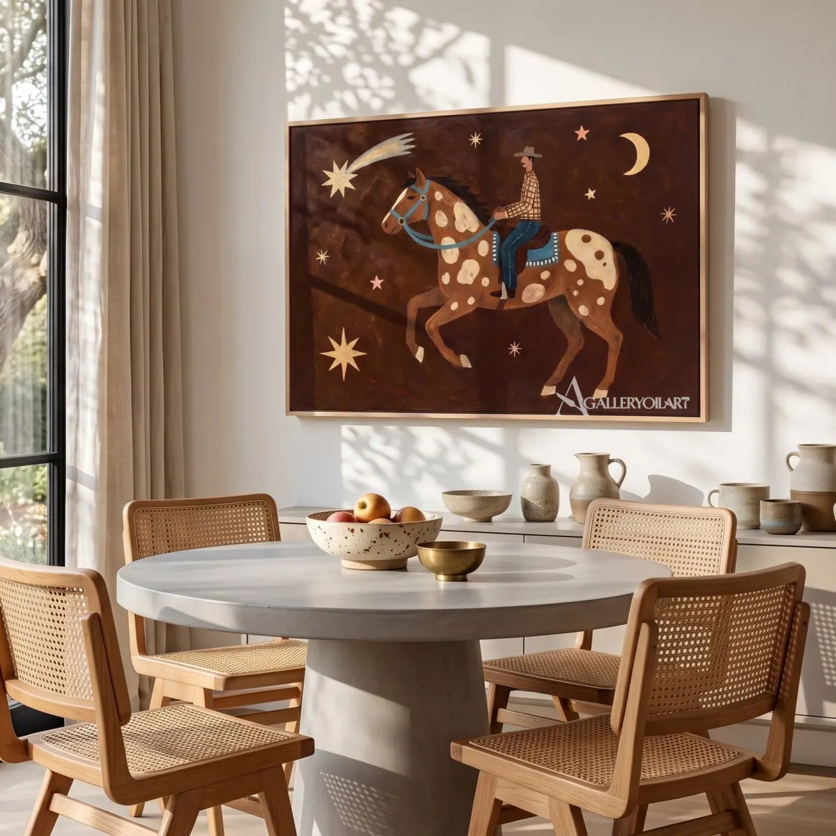 Western-cowboy-art-of-a-celestial-horse-and-rider-against-a-dark-brown-sky-above-a-dining-table