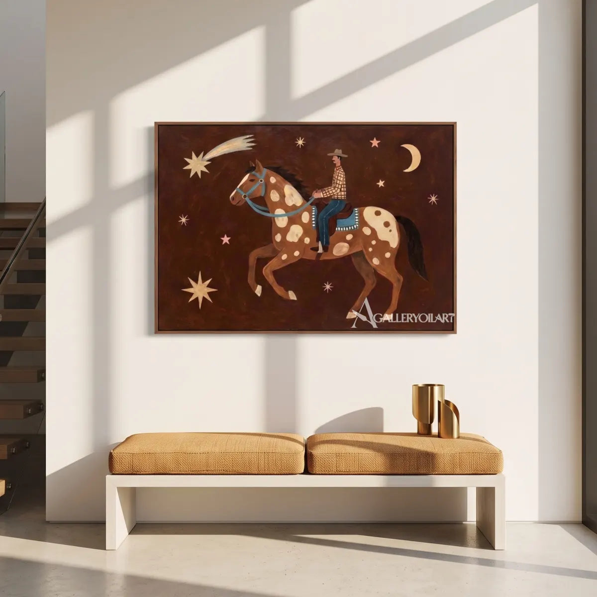 Western-cowboy-art-of-a-crescent-moon-and-starry-horse-against-a-dark-brown-ground-displayed-in-a-bright-gallery-room