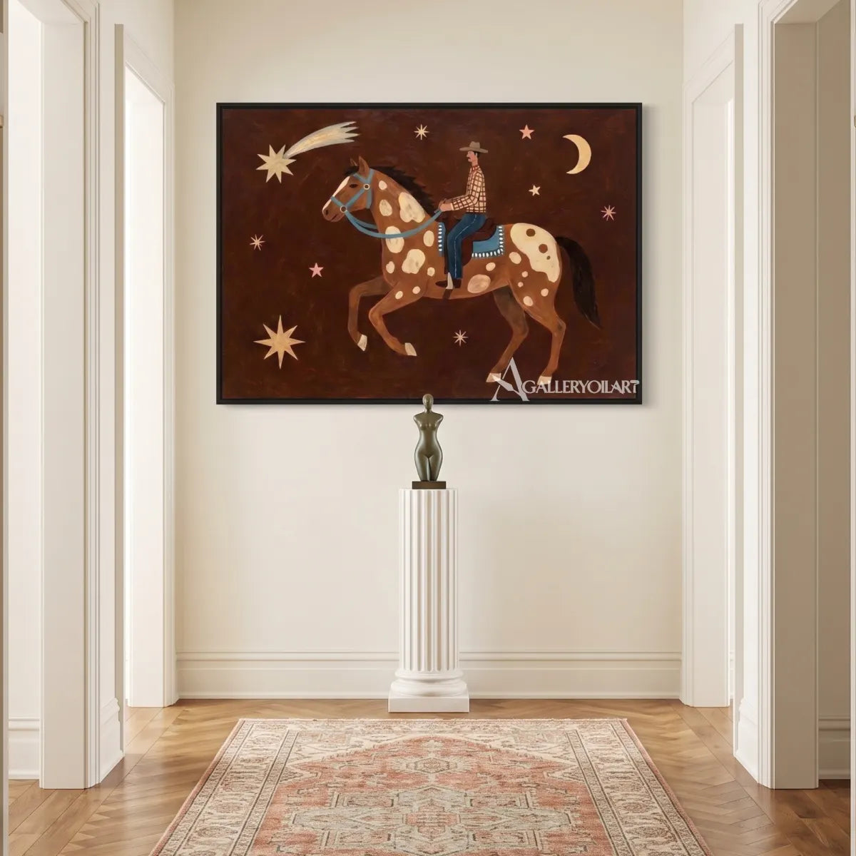 Western-cowboy-art-of-a-horse-and-rider-under-stars-against-a-dark-brown-ground-in-a-hallway-display