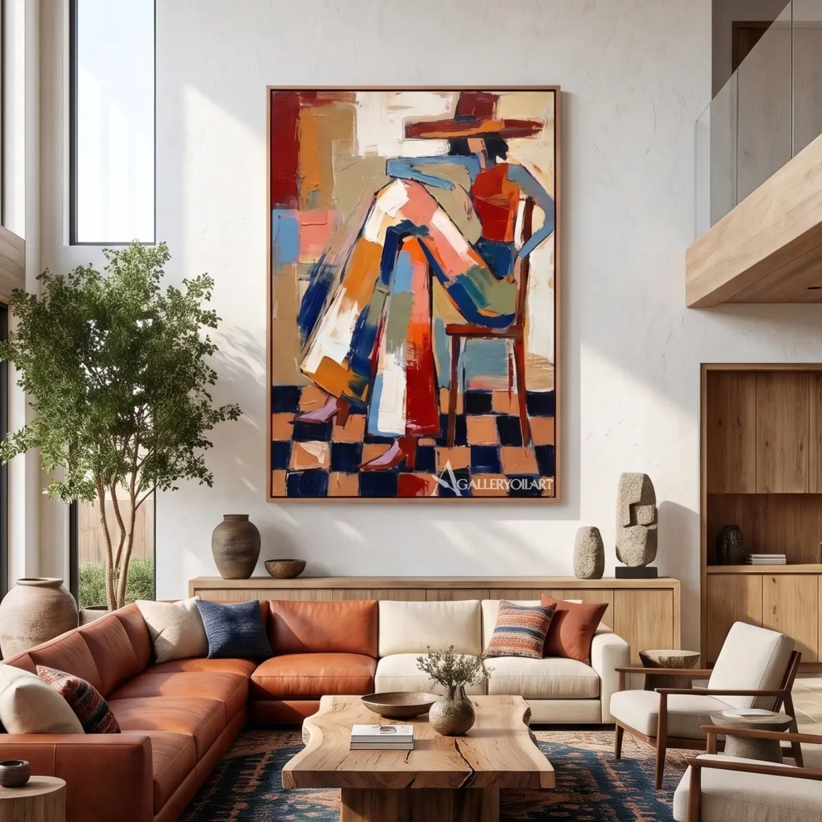 stylized hat-wearing figures in geometric blocks-in-pop-art-orange-colorful-lounge