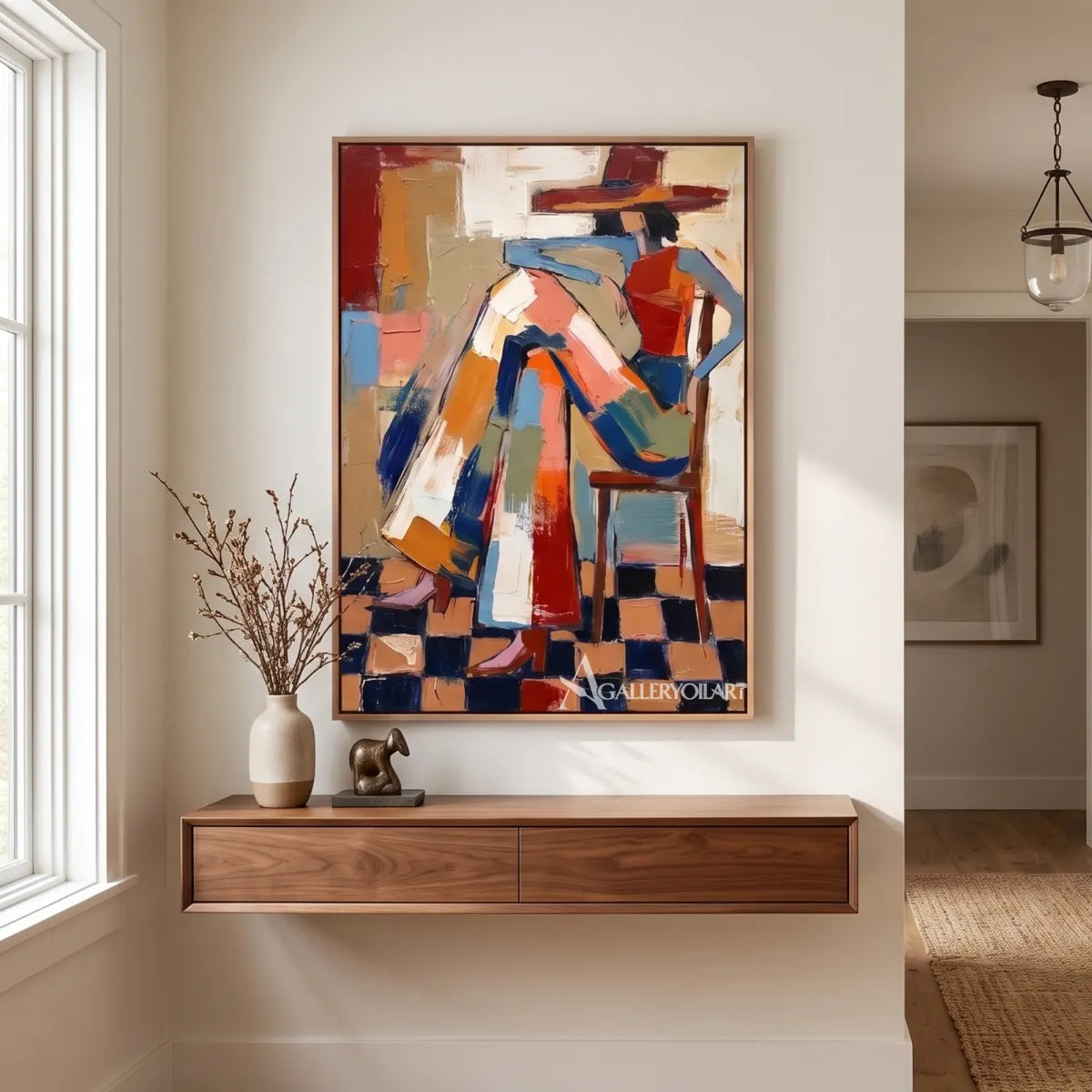 stylized hat-wearing figures in geometric blocks-in-pop-art-orange-hallway