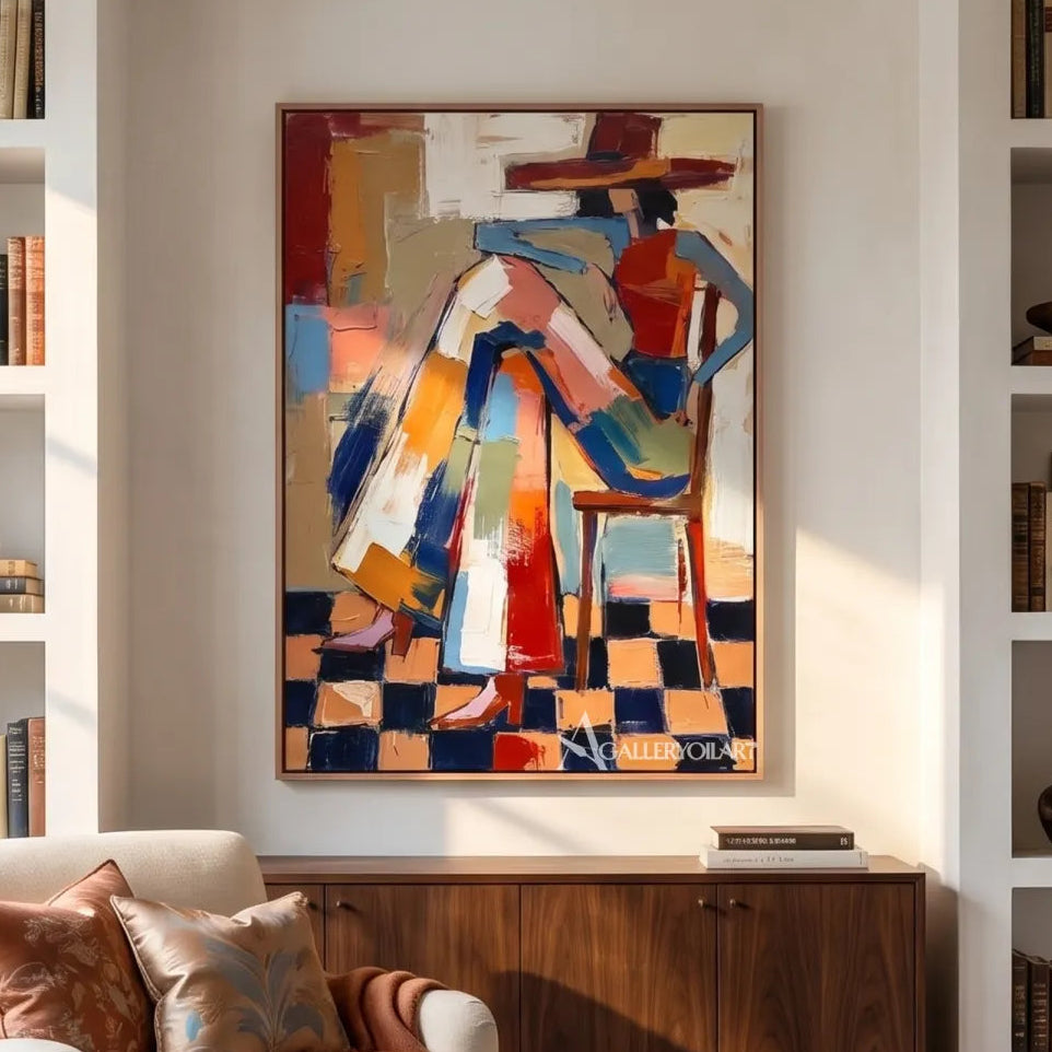 stylized hat-wearing figures in geometric blocks-in-pop-art-orange-library-wall