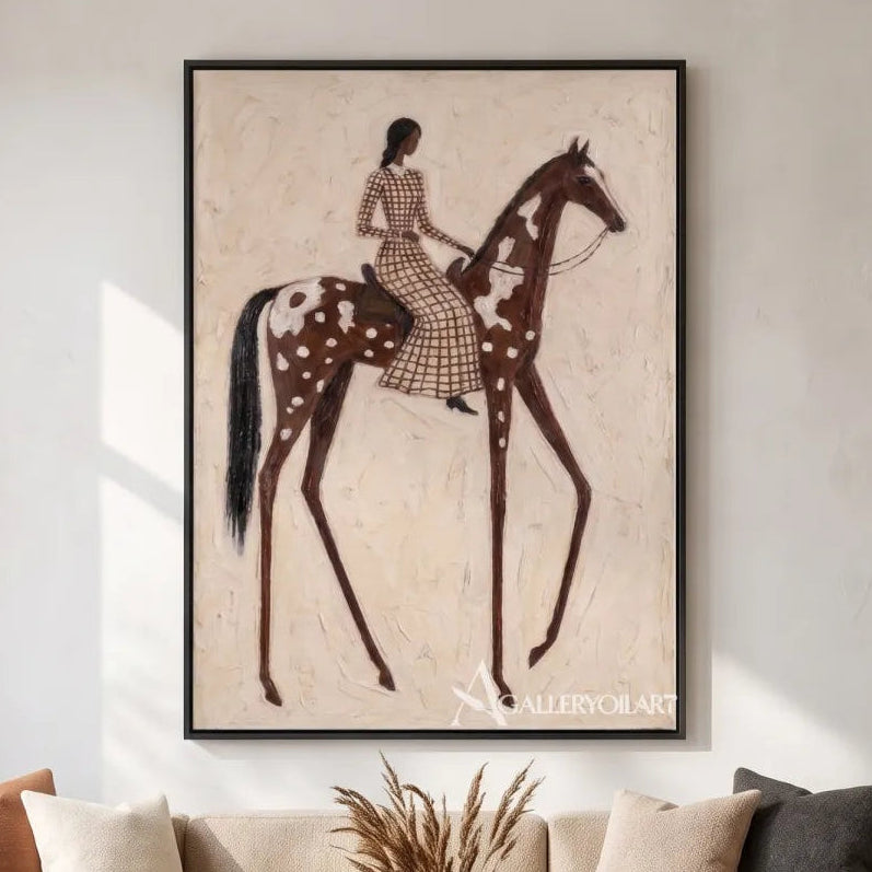 Western Cowboy horsewoman on a spotted horse in a checkered dress-in-hallway