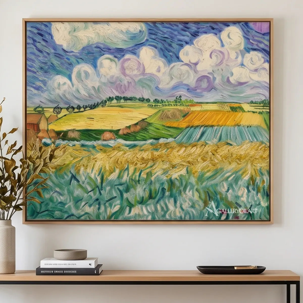 a-green-meadow-and-golden-fields-under-billowing-clouds-in-landscape-art-with-sky-blue-teal-green-golden-yellow-and-soft-violet-oil-painting-in-a-bright-interior