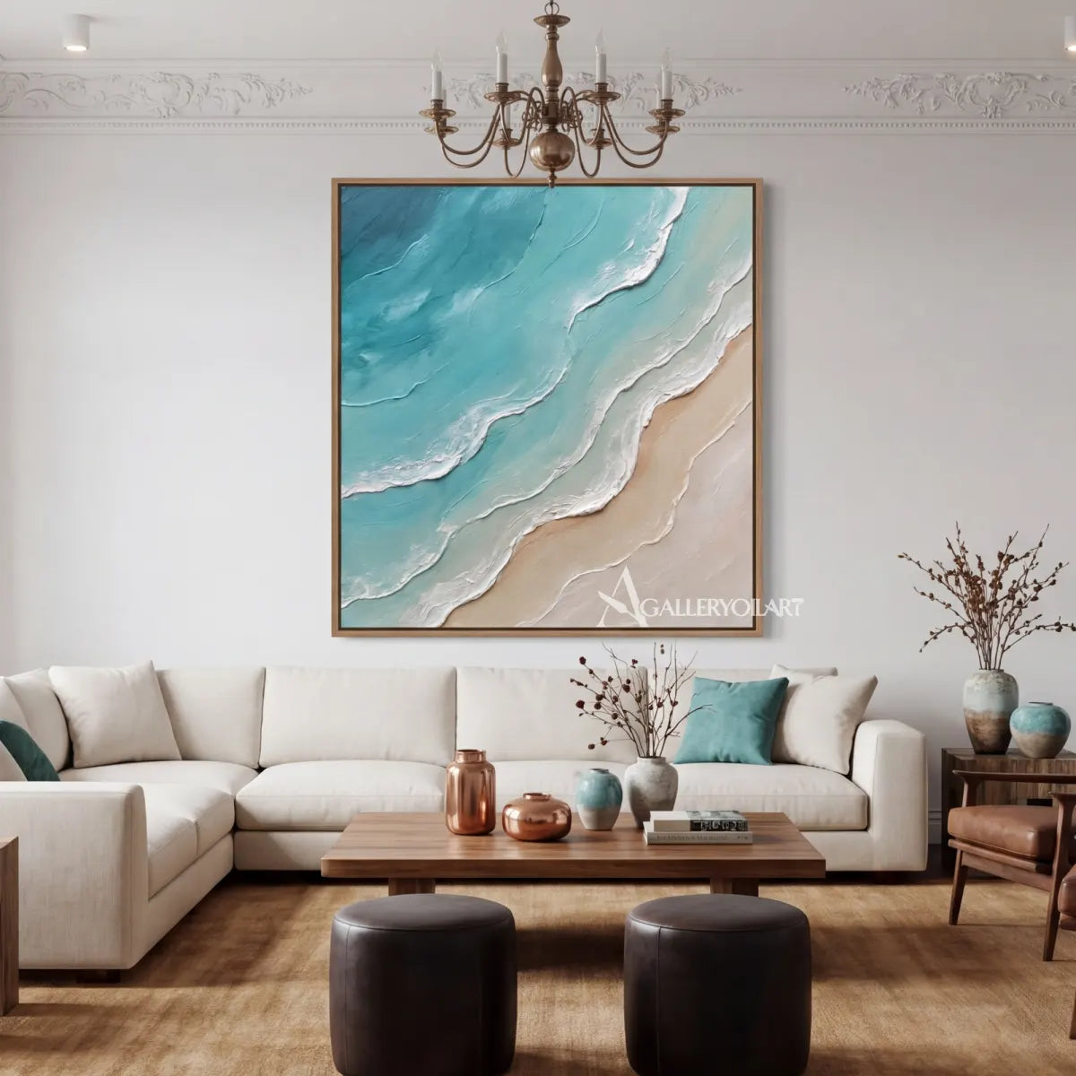 Layered-coastal-waves-sea-beach-blue-wall-art-in-a-chandelier-lounge
