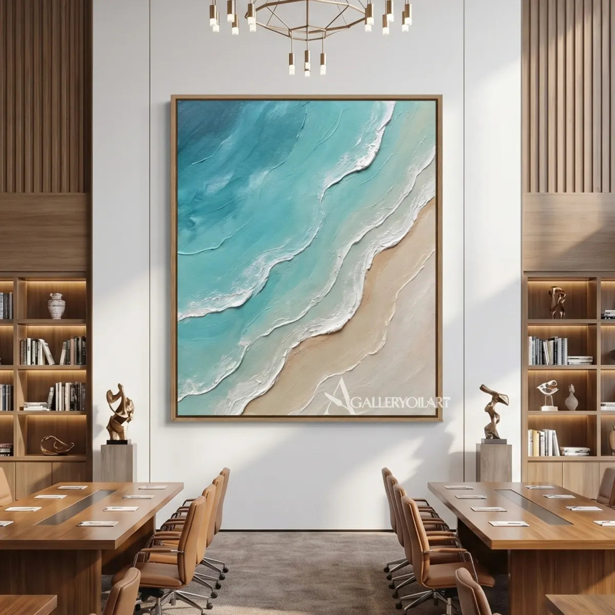 Layered-coastal-waves-sea-beach-blue-wall-art-in-a-dining-room