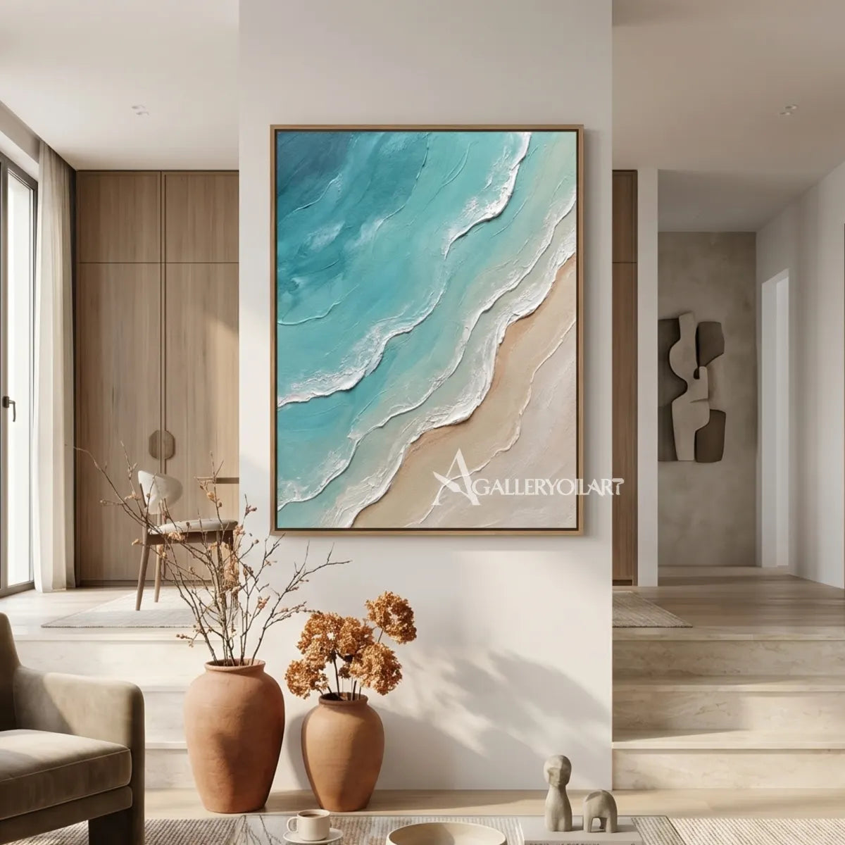 Layered-coastal-waves-sea-beach-blue-wall-art-in-a-light-modern-corridor