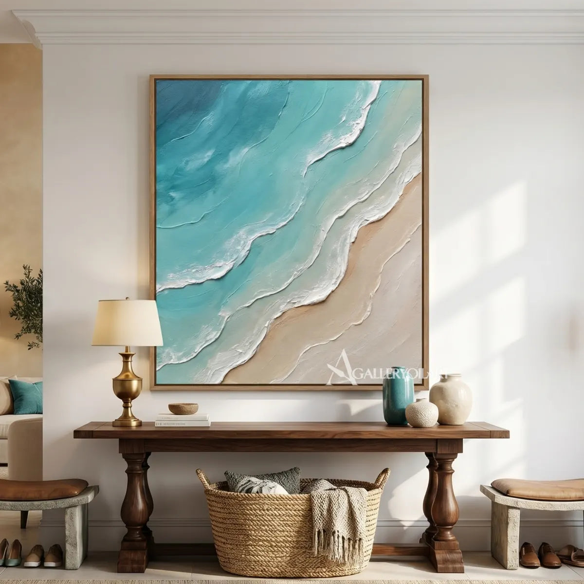 Layered-coastal-waves-sea-beach-blue-wall-art-in-a-paneled-room