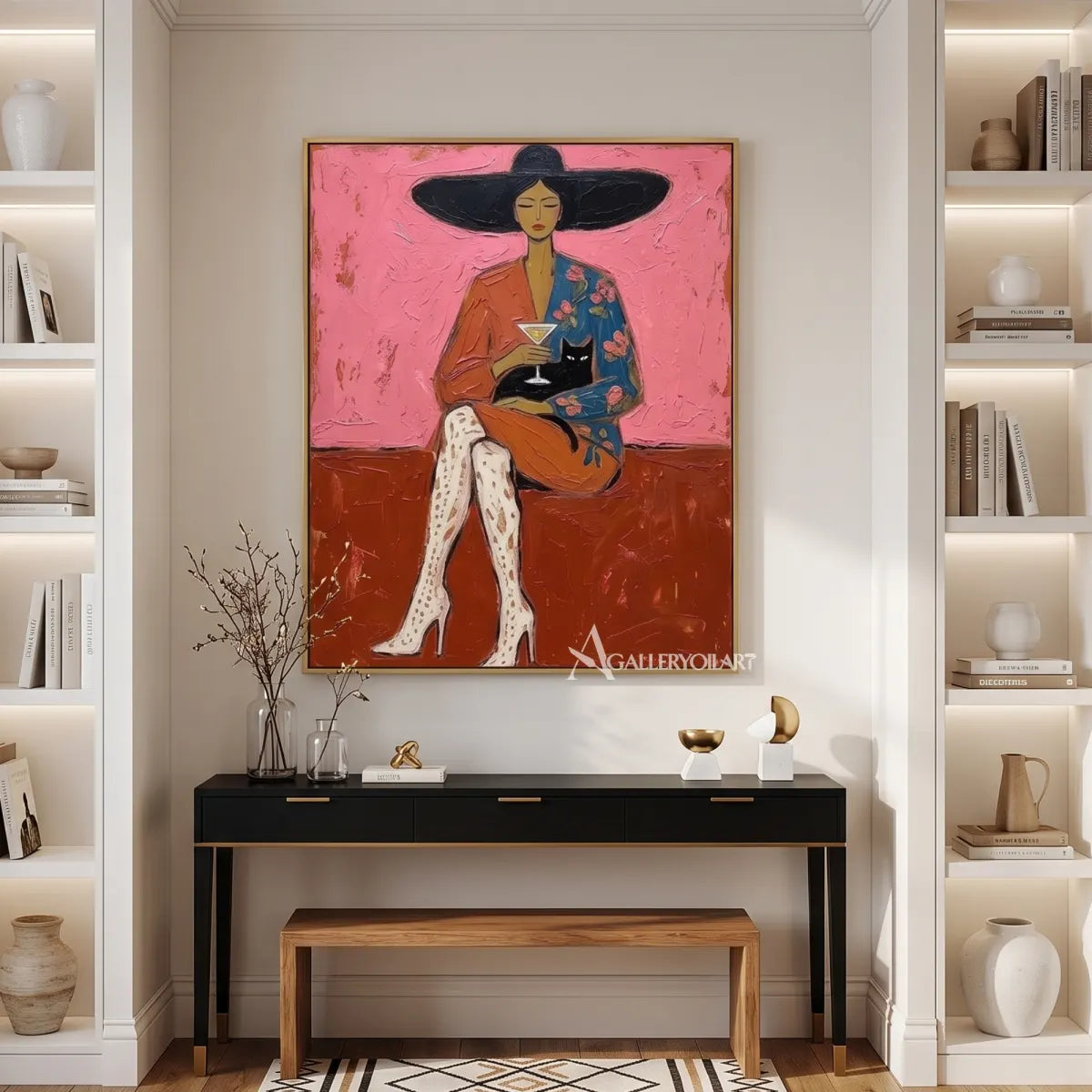 Pop art cocktail cat companion in pink and neutral tones in a modern entryway