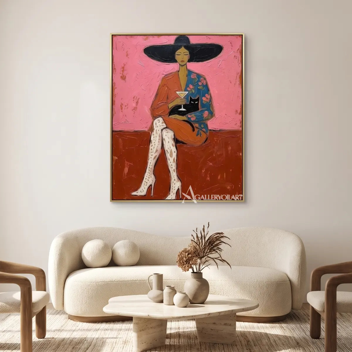 Pop art cocktail cat companion in pink and neutral tones in a gallery wall art