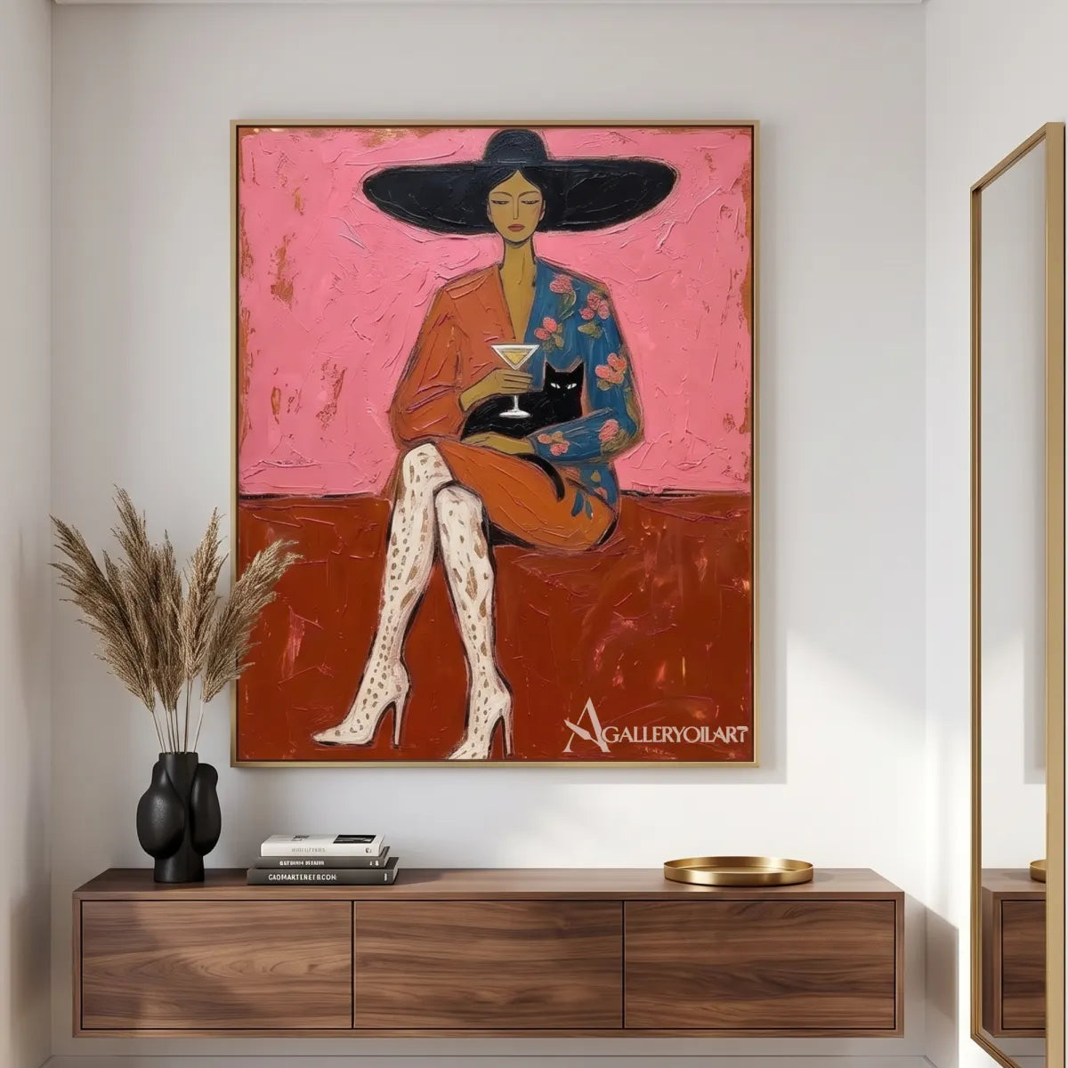 Pop art cocktail cat companion in pink and neutral tones in a living room