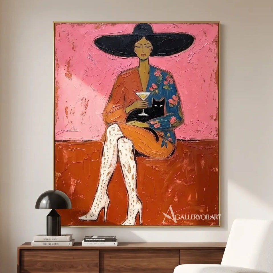 Pop art cocktail cat companion in pink and neutral tones in a private lounge