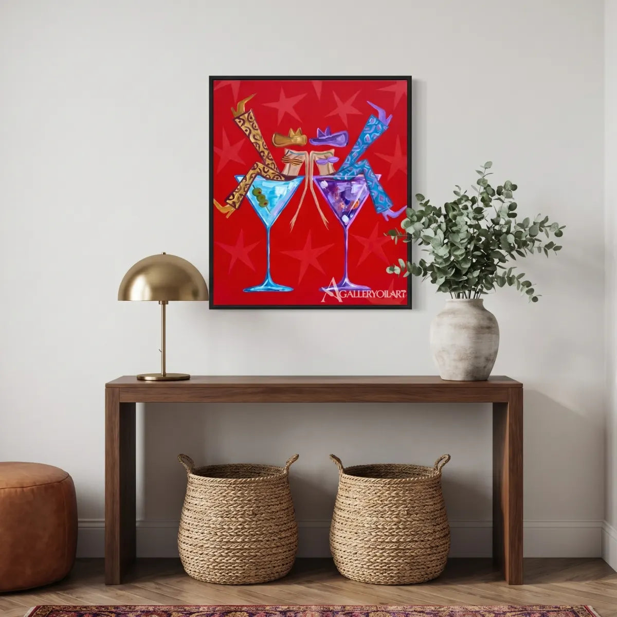 cocktail companions pop-art red wall art in a warm modern interior 5