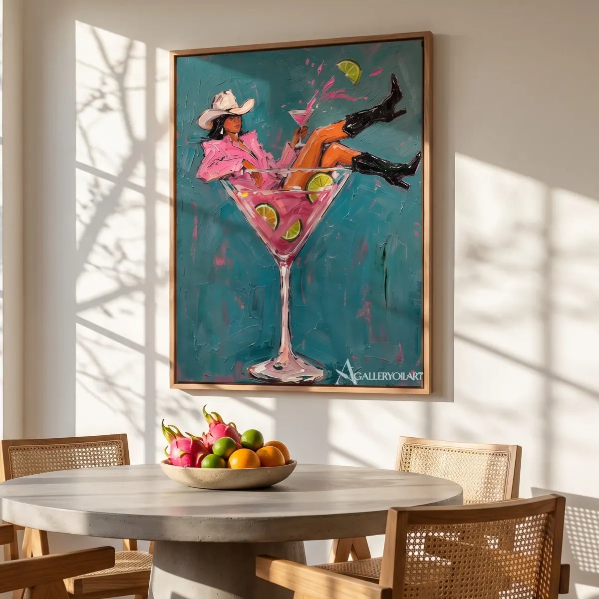 cocktail cowgirl pop-art blue wall art in a warm modern interior 2